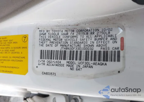 2003 Lexus Ls 430 from USA, damaged, VIN JTHBN30F330100032